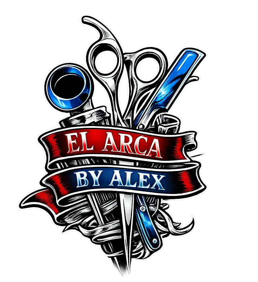 El Arca by Alex barbershop logo featuring barber scissors, razor tools, and bold red and blue banner typography on a dark background.